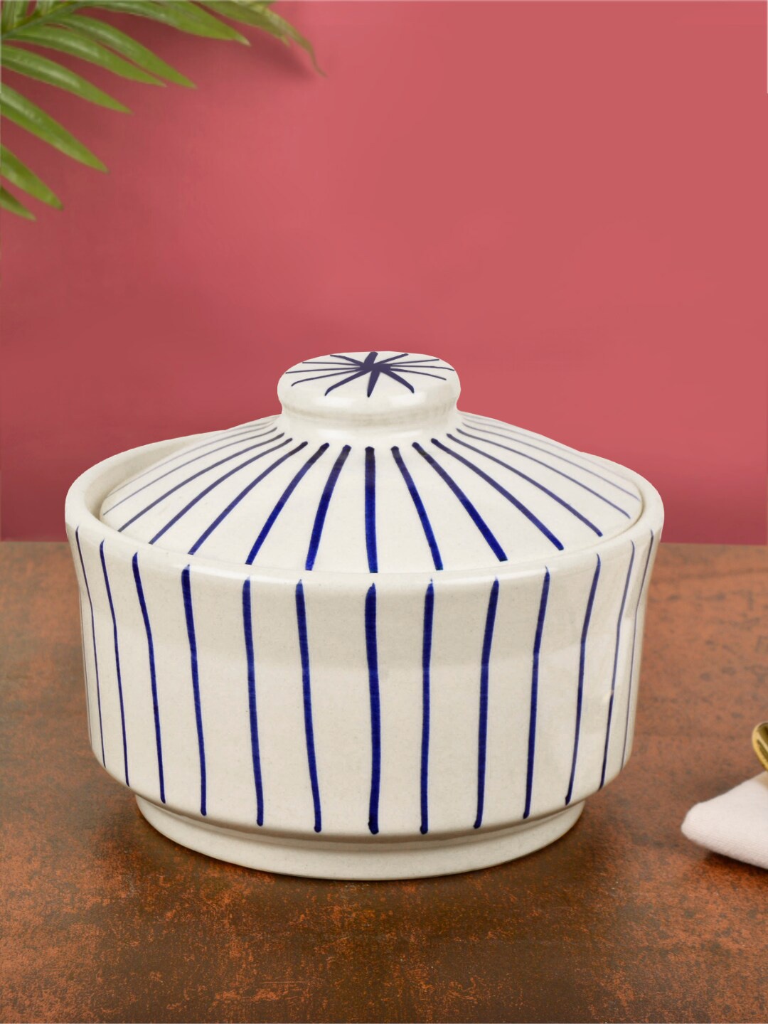

StyleMyWay Blue & White Striped Handpainted Ceramic Serving Bowl with Lid