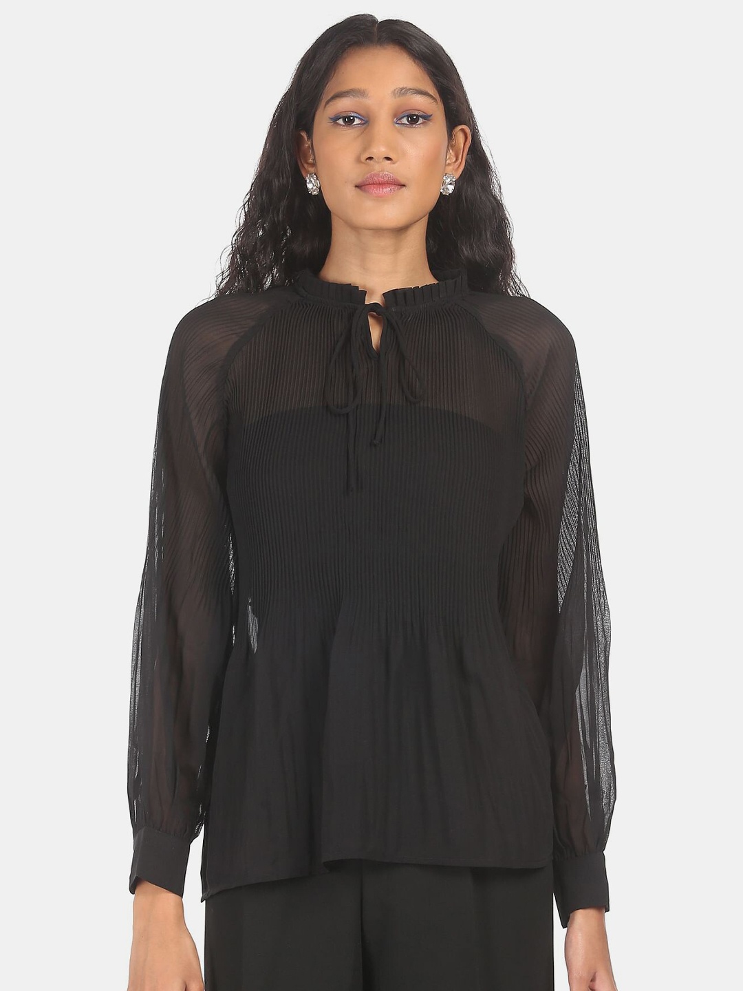 

Flying Machine Women Black Solid Tie-Up Neck Top