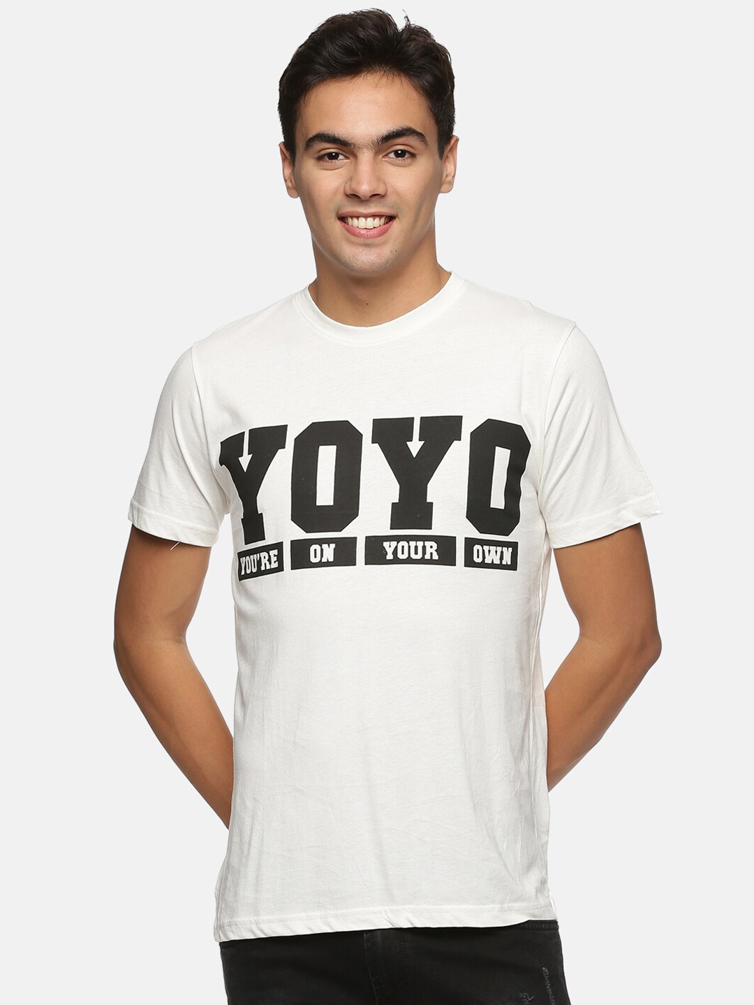 

IMPACKT Men White & Black Typography Printed Slim Fit Cotton T-shirt