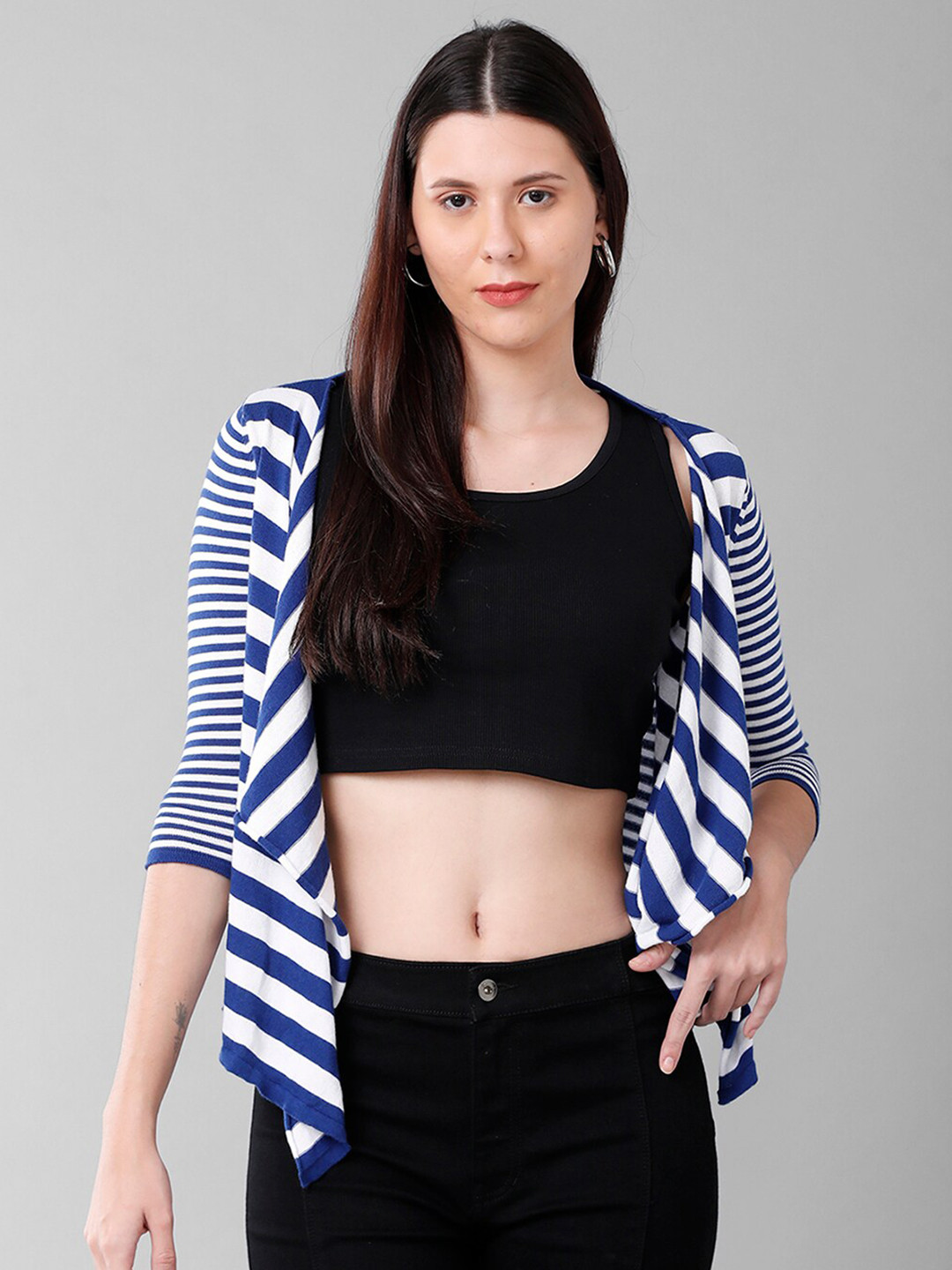 

IDENTITI Women Blue & White Striped Shrug