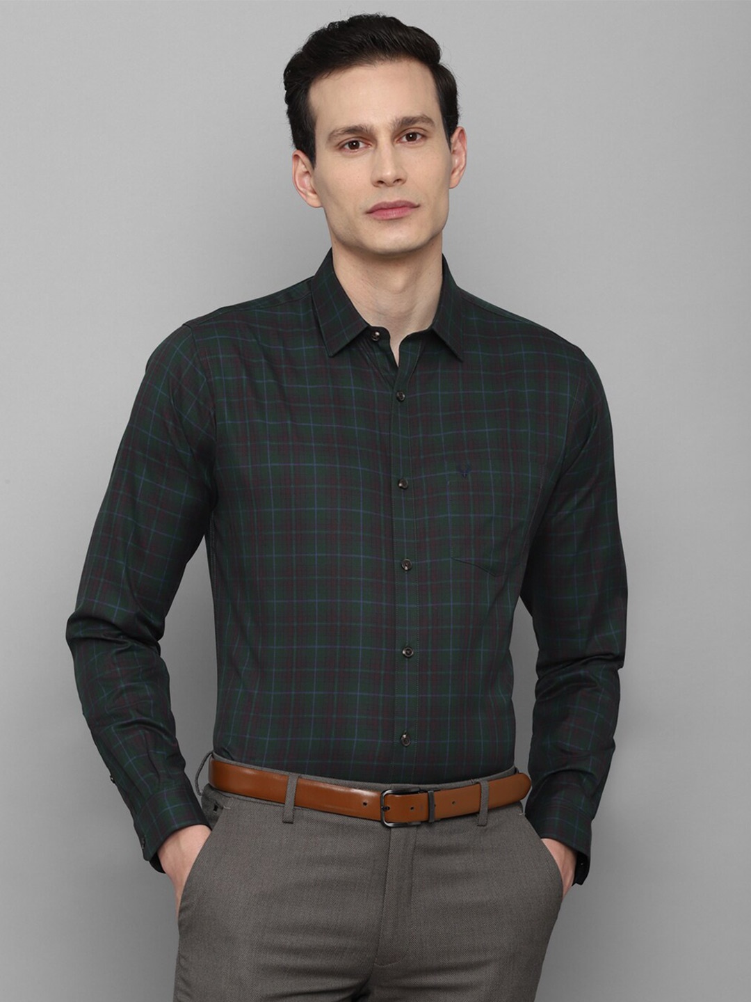 

Allen Solly Men Green Slim Fit Tartan Checks Checked Pure Cotton Formal Shirt