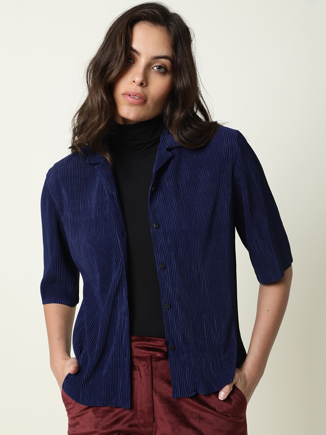 

RAREISM Navy Blue Striped Shirt Style Top