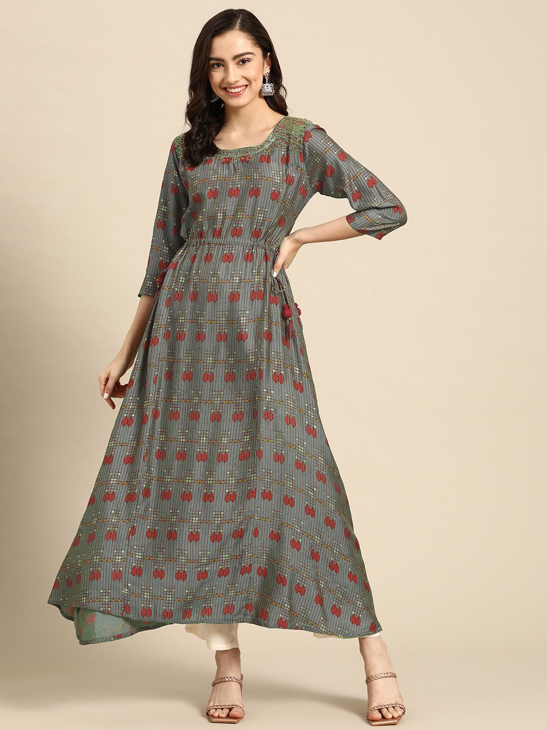 

Sangria Grey & Red Geometric Print Ankle Length A-Line Kurta