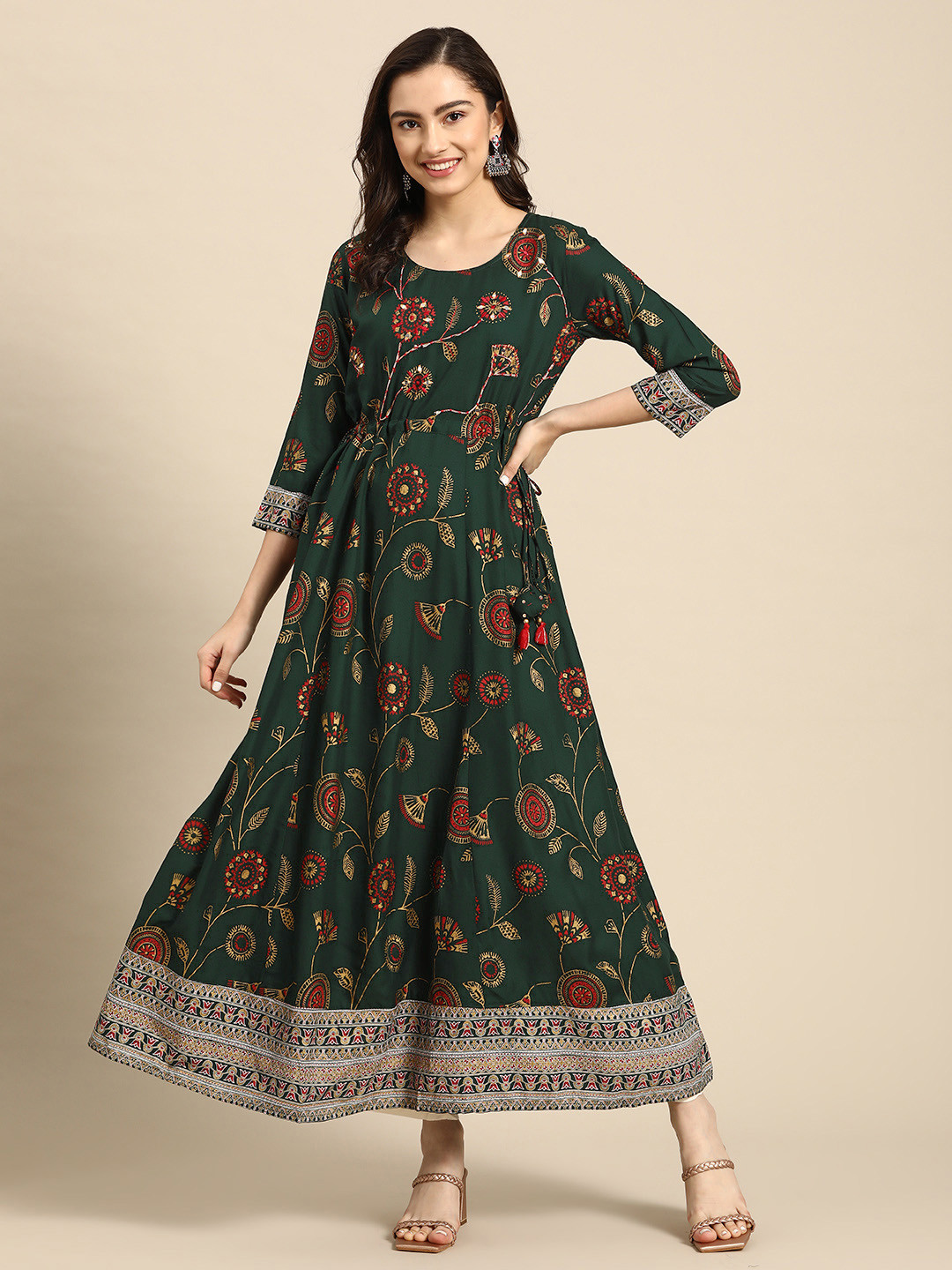 

Sangria Green & Red Ethnic Motifs Print Anarkali Kurta