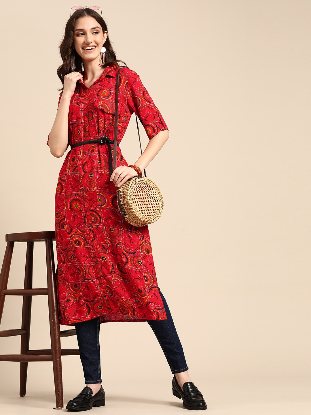 

Sangria Women Red Geometric Printed Kurta