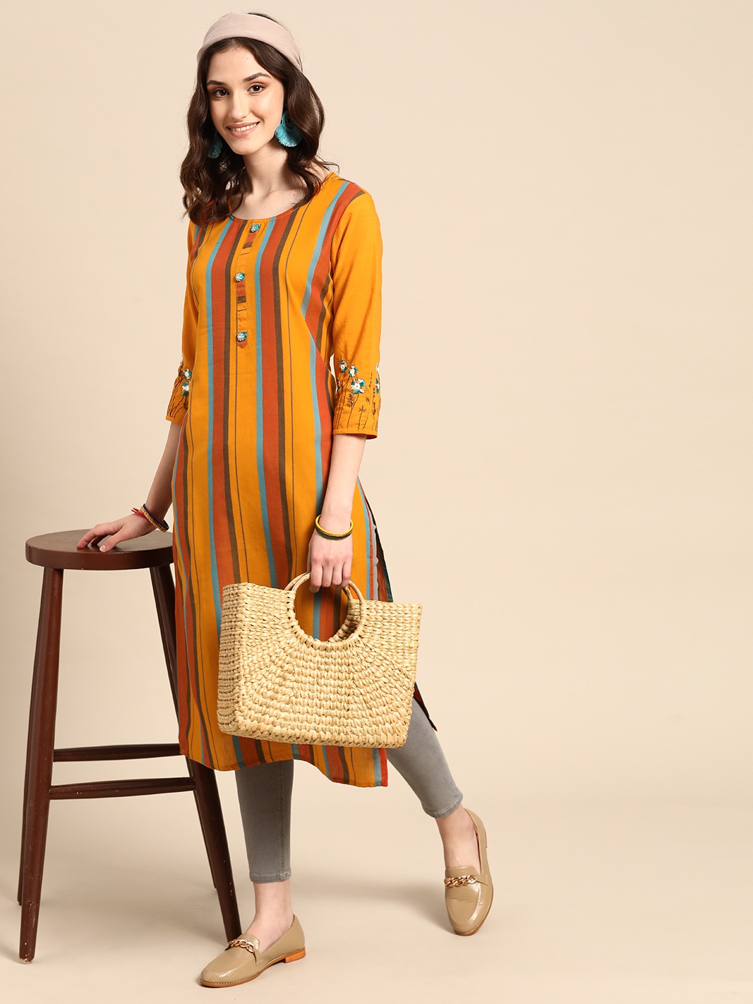 

Sangria Women Orange & Brown Striped Cotton Straight Kurta