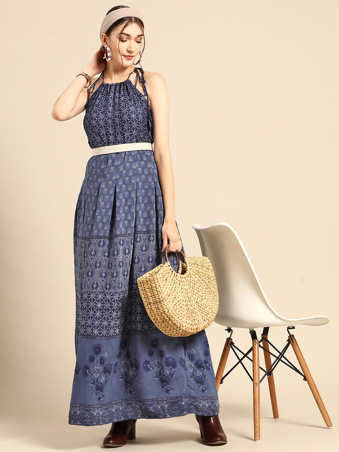 

Sangria Women Navy Blue Printed Cotton Maxi Ethnic Dress
