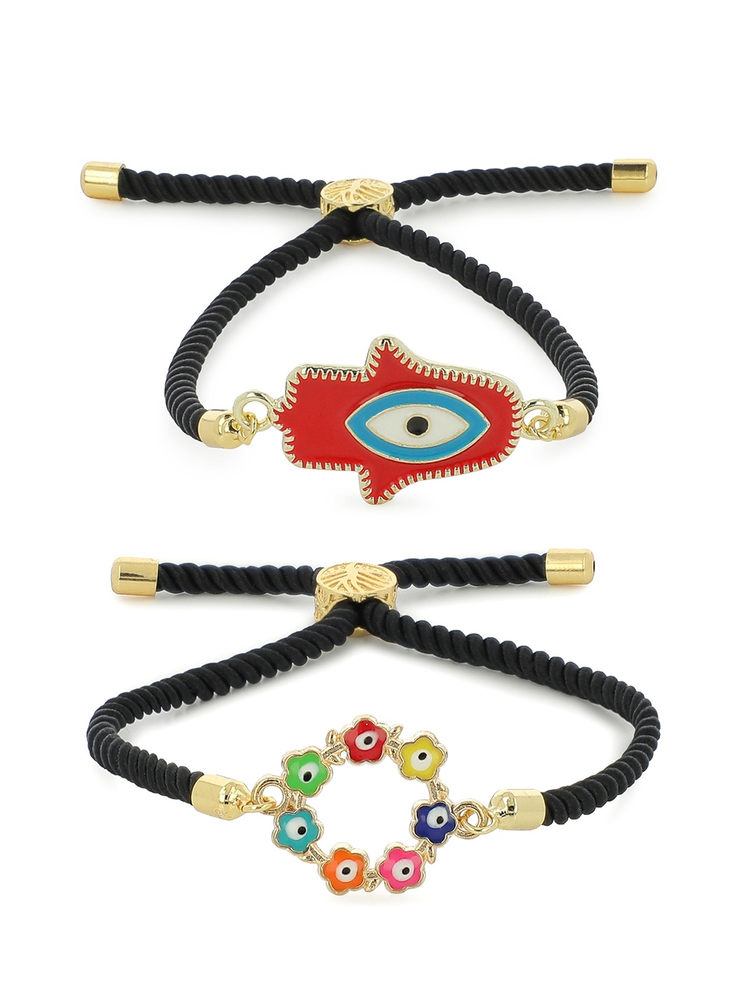 

EL REGALO Pack Of 2 Black & Red Gold-Plated Wraparound Bracelet