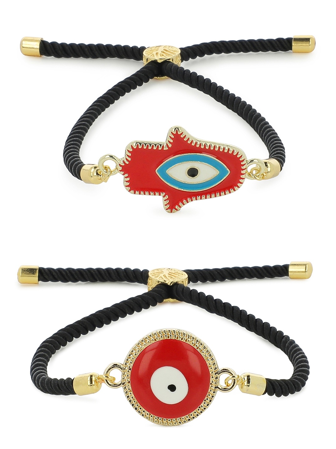 

EL REGALO Unisex Set of 2 Red & Black Gold-Plated Charm Bracelets