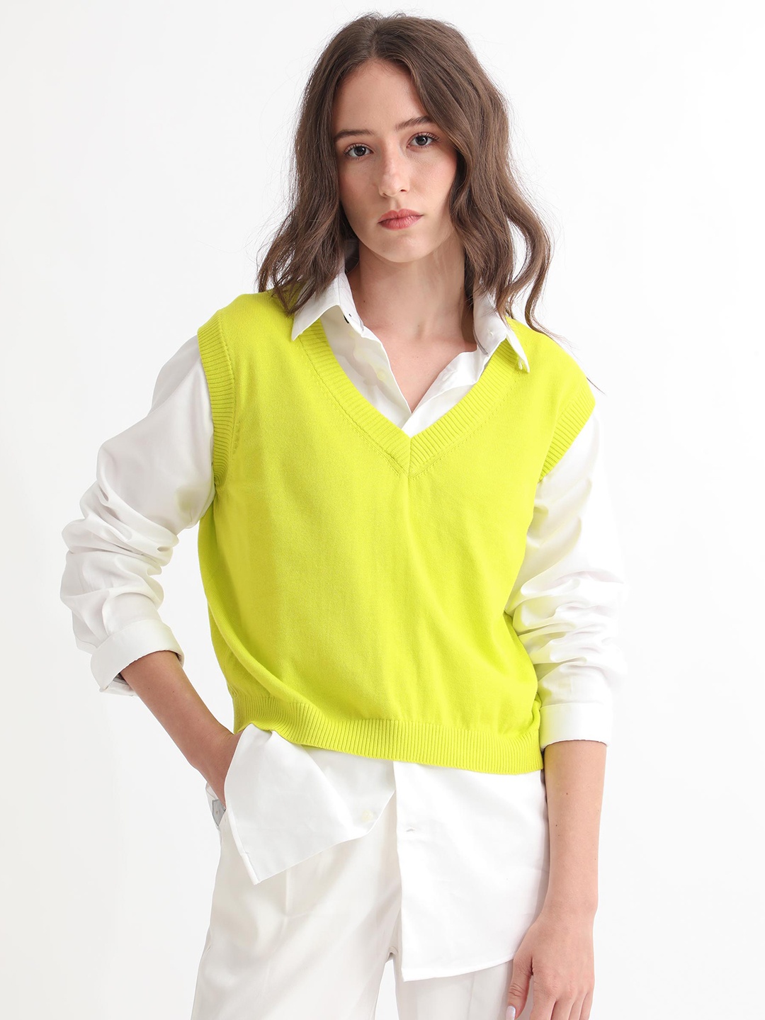 

RAREISM Women Lime Green Cotton Sweater Vest
