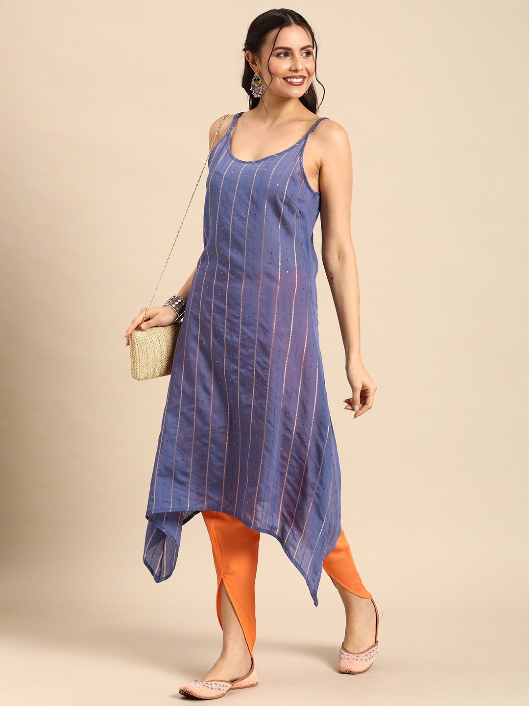 

Sangria Women Striped Regular Sequinned Chanderi Silk Top with Dhoti Pants, Blue