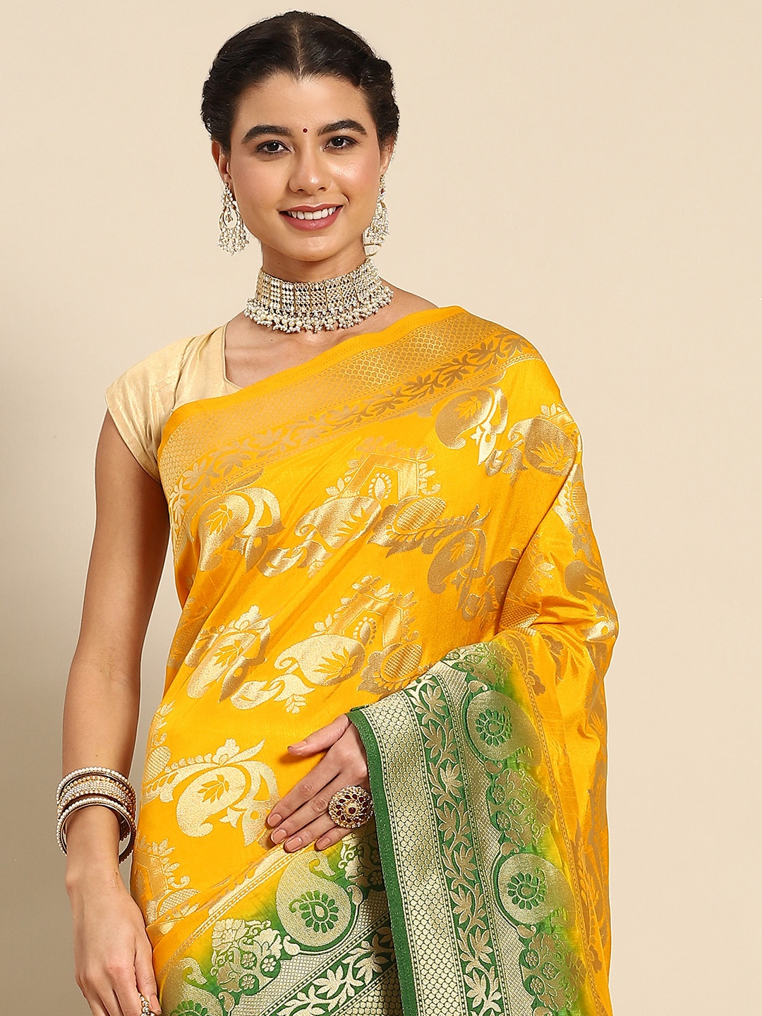 

Nimayaa Yellow & Golden Ethnic Motifs Zari Silk Blend Banarasi Saree