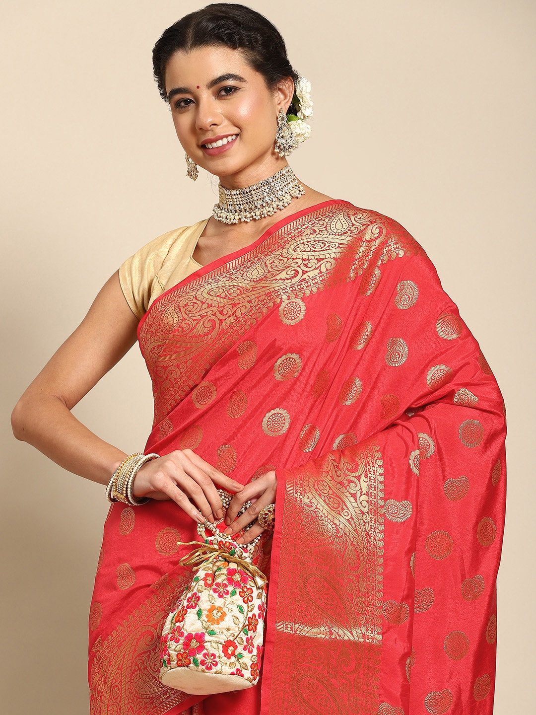 

Nimayaa Red & Gold-Toned Ethnic Motifs Zari Silk Blend Banarasi Saree