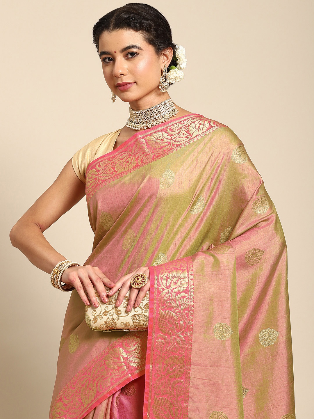 

Nimayaa Pink & Golden Ethnic Motifs Zari Silk Blend Banarasi Saree