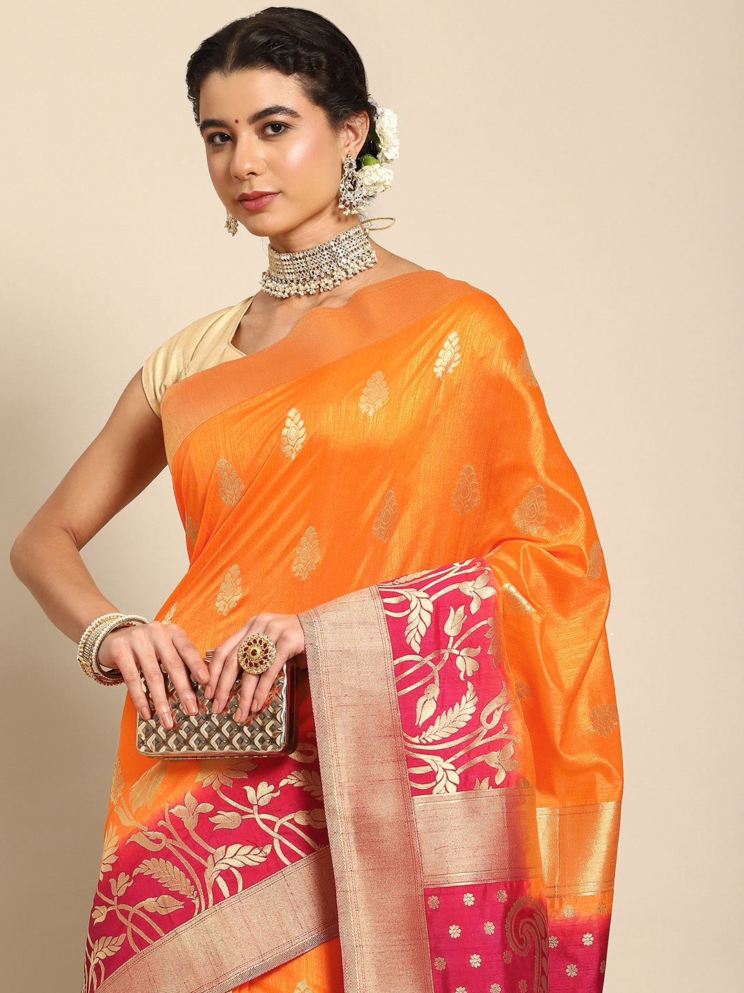 

Nimayaa Orange & Golden Ethnic Motifs Zari Silk Blend Banarasi Saree
