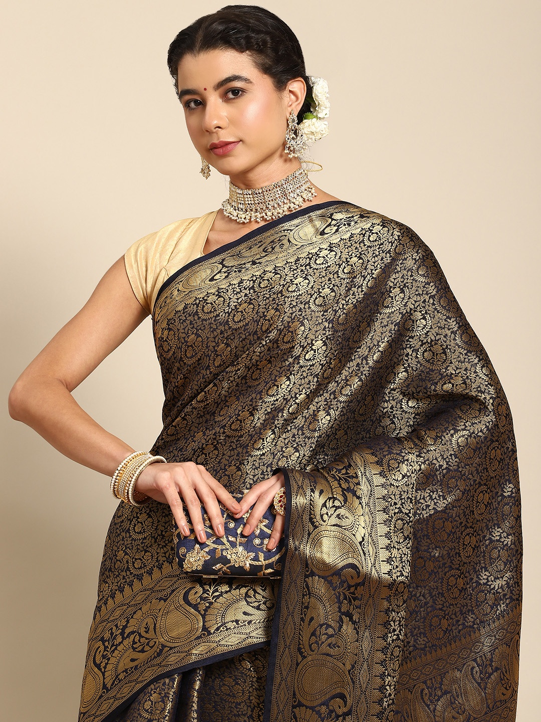 

Nimayaa Navy Blue & Golden Ethnic Motifs Zari Silk Blend Banarasi Saree
