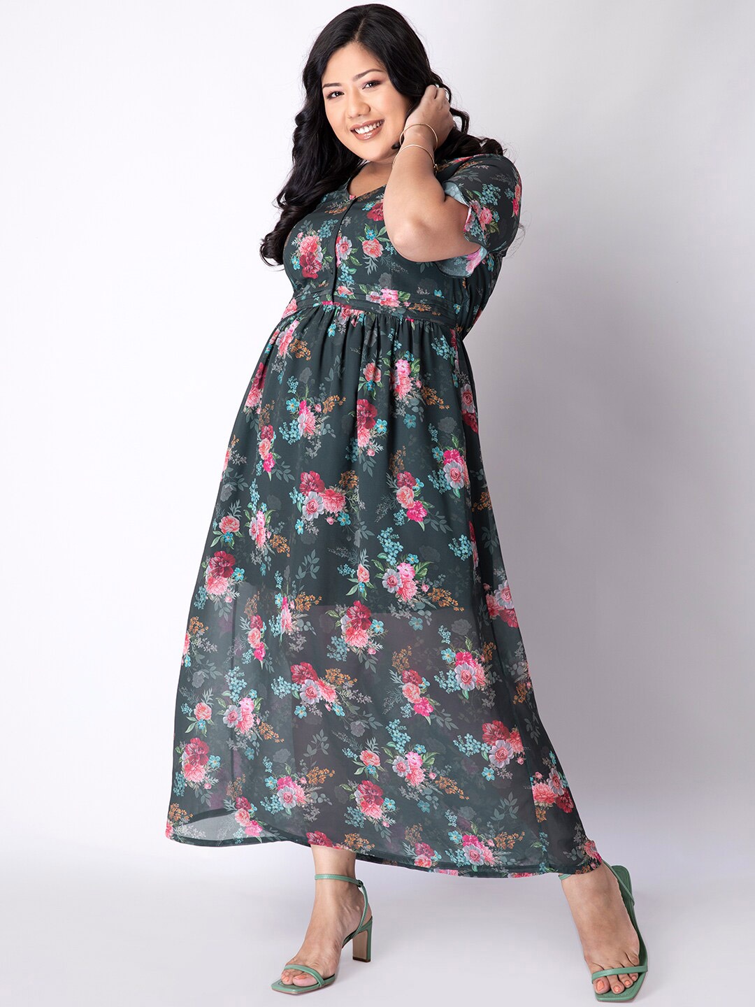 

FabAlley Curve Green Floral Georgette Maxi Dress