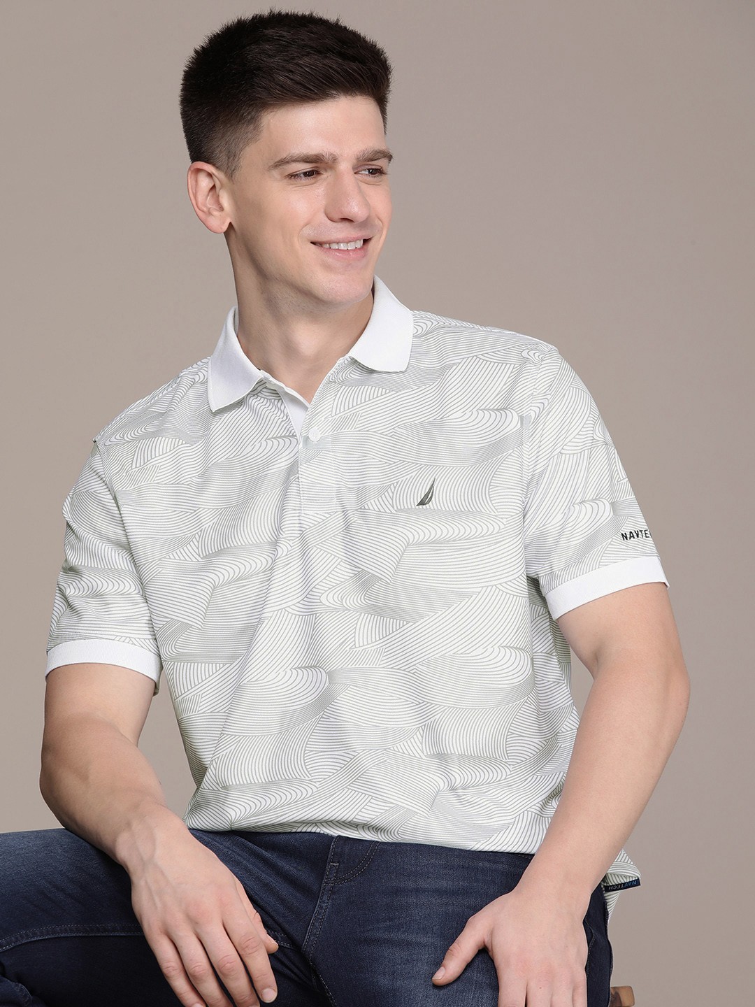 

Nautica Abstract Printed Polo Collar Casual T-shirt, White