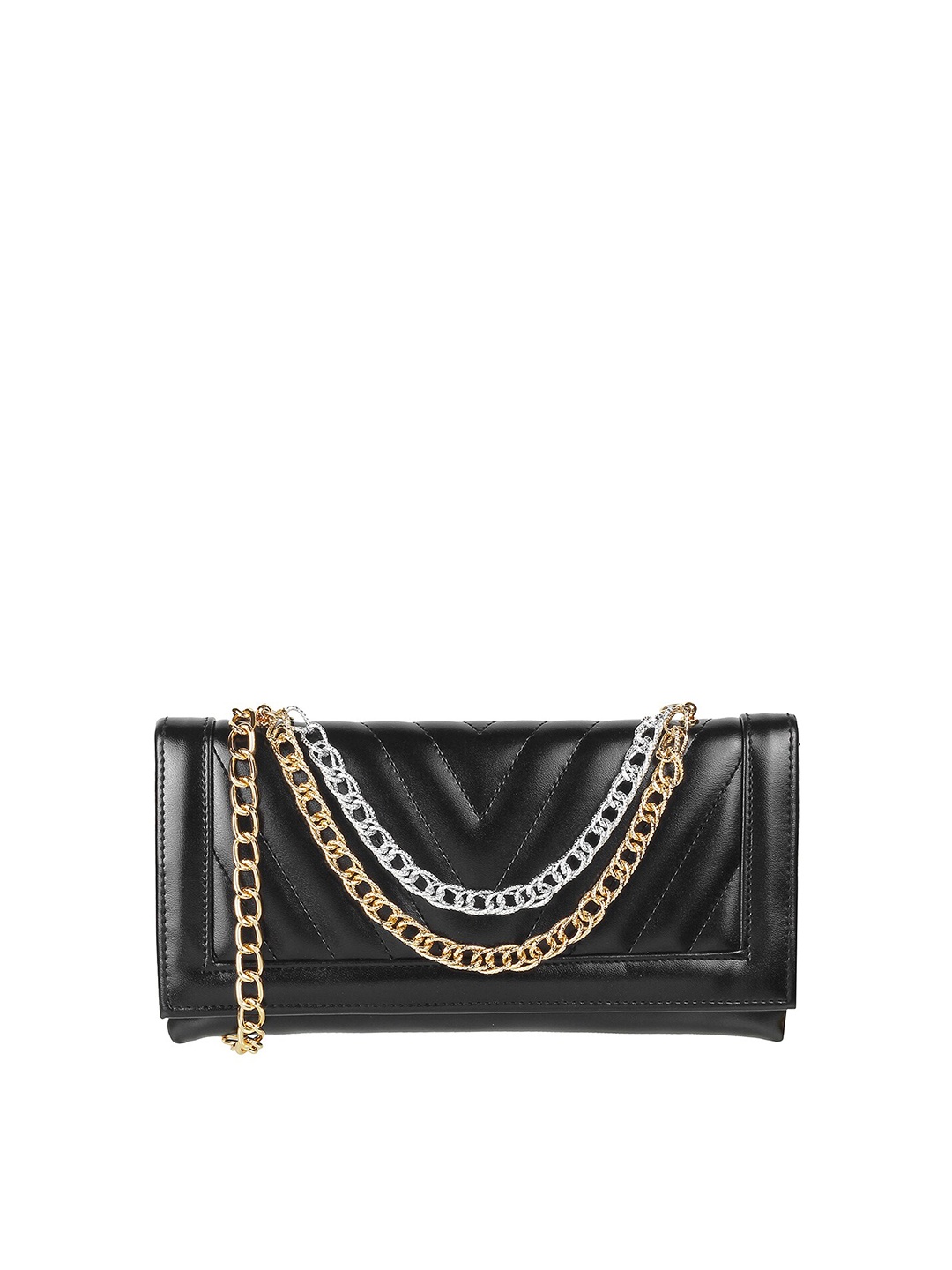 

Mochi Black & Grey Striped Quilted Envelope Clutch