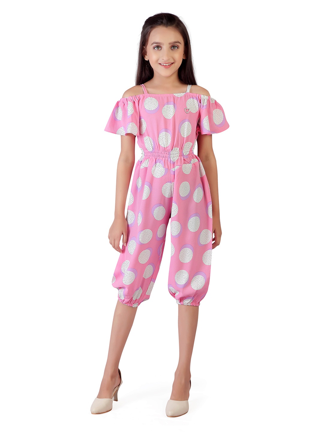 

Tiny Girl Girls White & Pink Printed Basic Jumpsuit