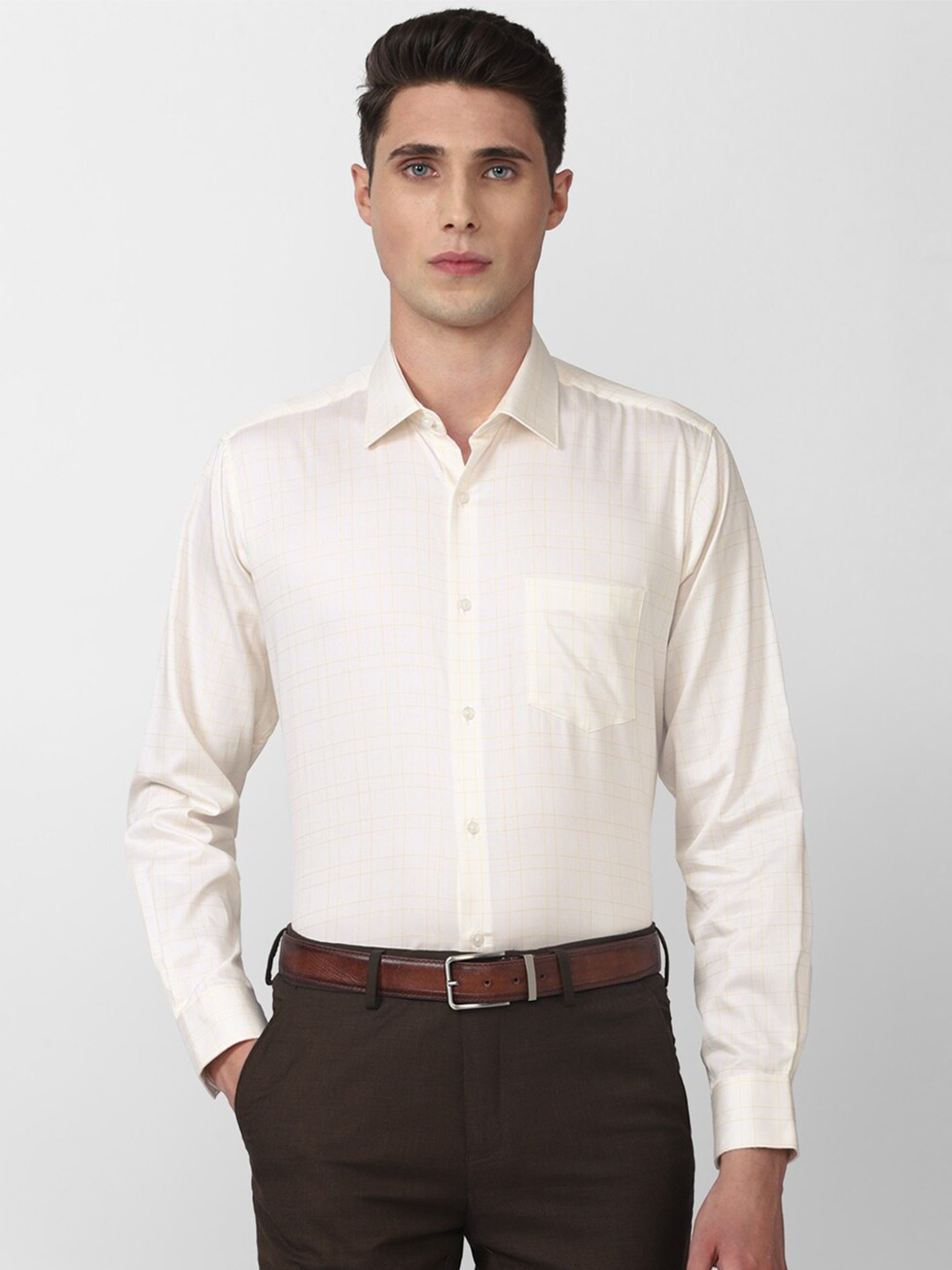 

Van Heusen Men Cream-Coloured Checked 100% Cotton Formal Shirt