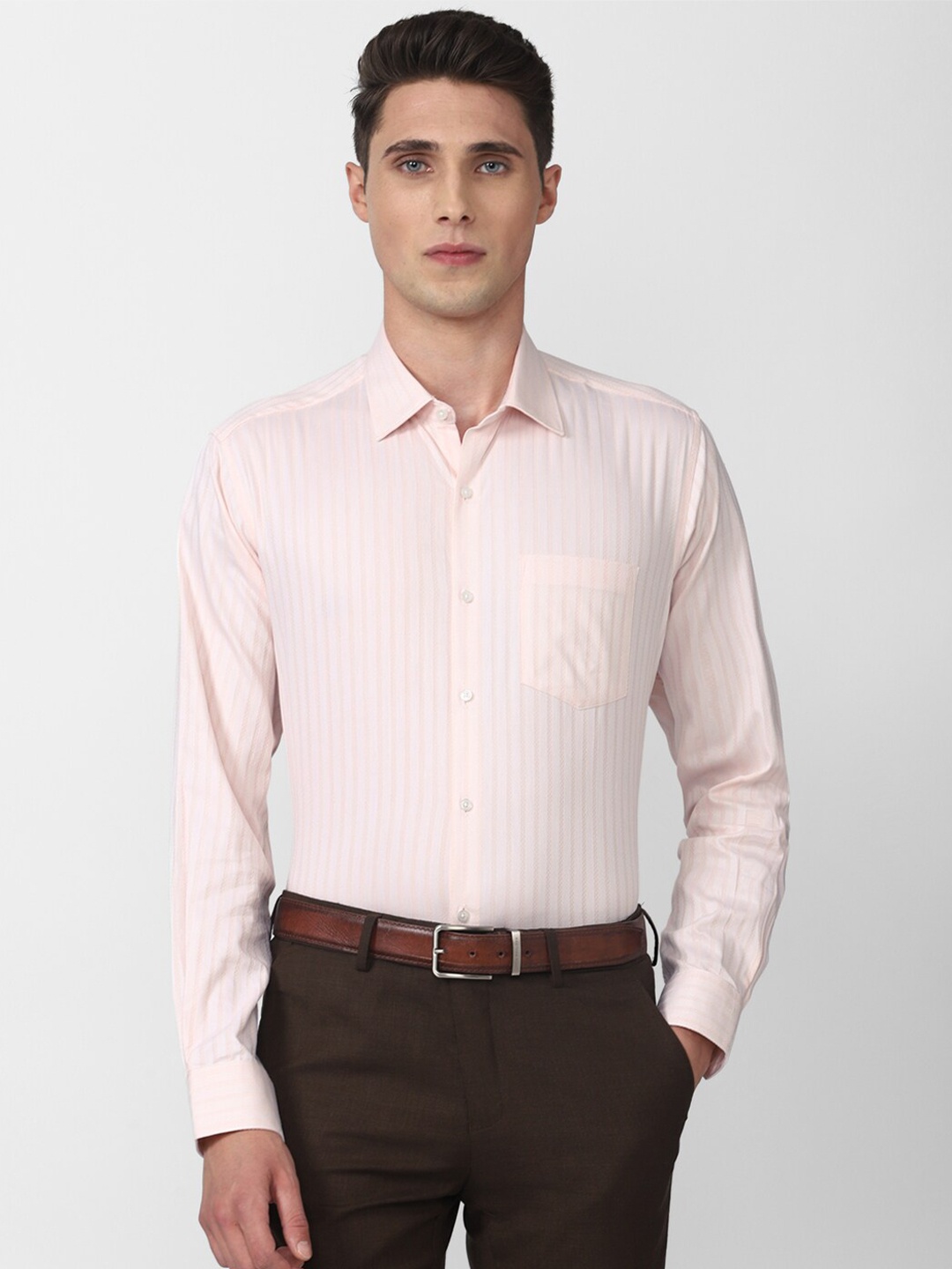 

Van Heusen Men Peach-Coloured Striped 100% Cotton Formal Shirt