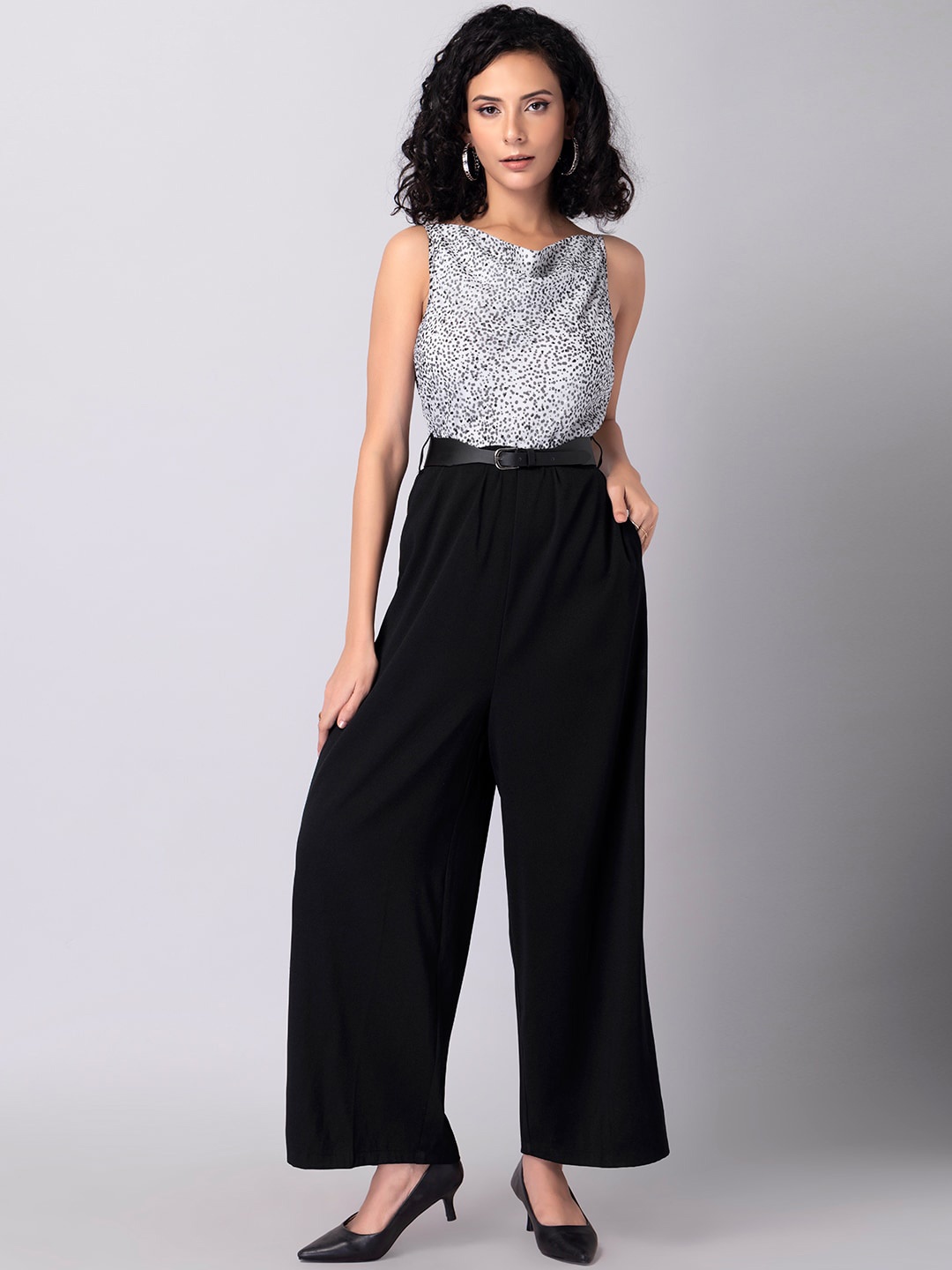 

FabAlley Women Black & White Cowl Neck Printed Basic Jumpsuit