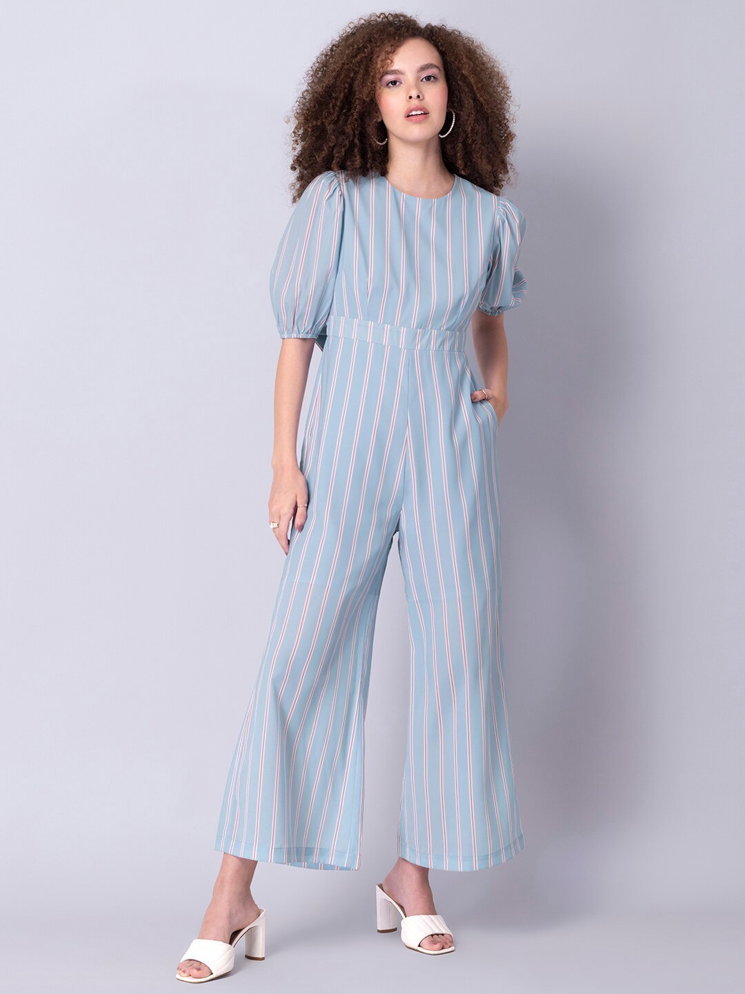 

FabAlley Blue & White Striped Basic Jumpsuit