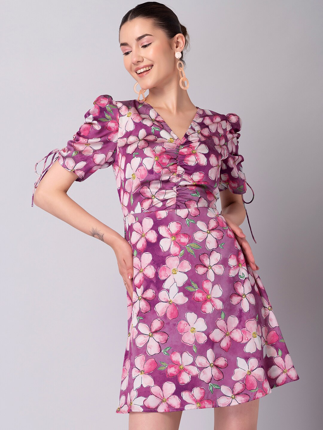 

FabAlley Purple Floral Satin Dress