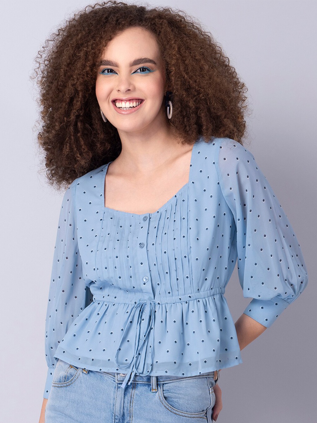 

FabAlley Women Blue Polka Dots Printed Cinched Waist Top