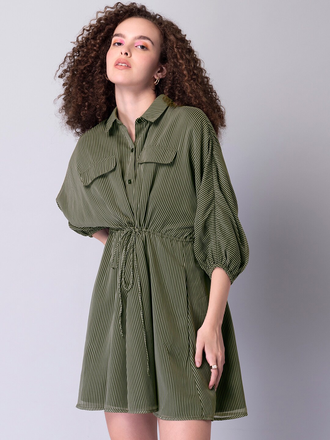 

FabAlley Olive Green Georgette Shirt Dress