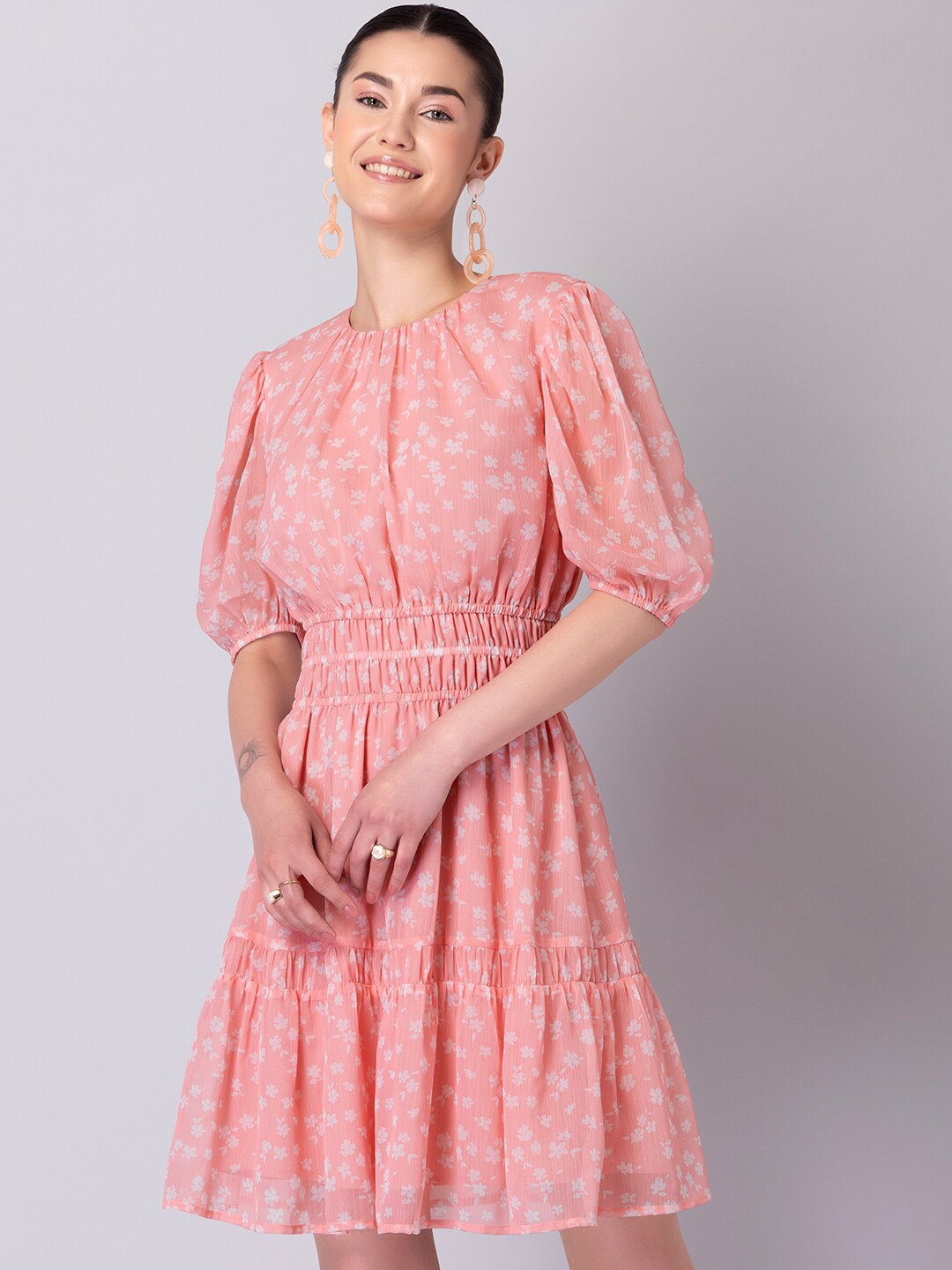 

FabAlley Peach-Coloured Floral Printed Elasticated Waist Georgette Tiered Dress