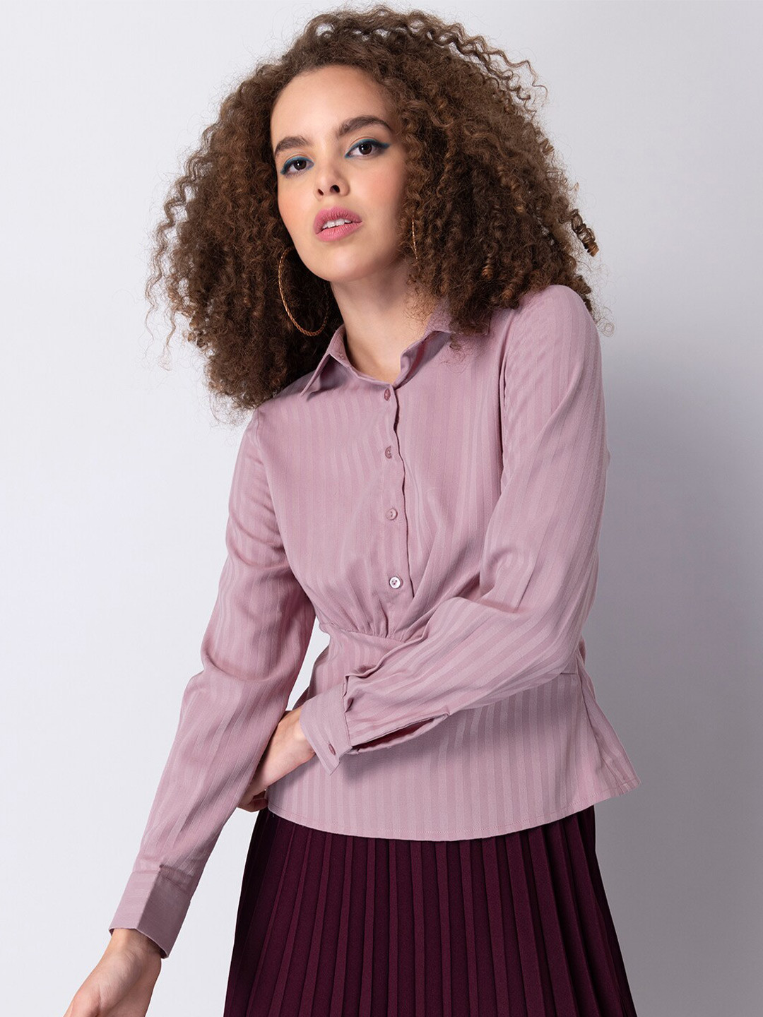 

FabAlley Women Purple Self Striped Shirt Style Top