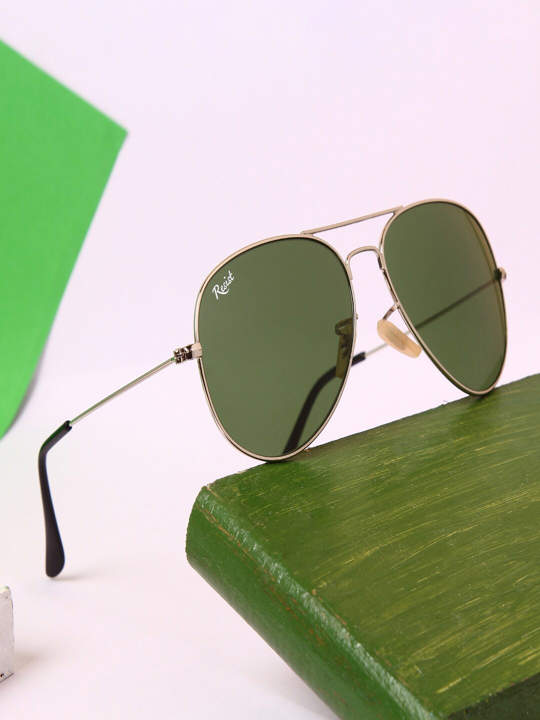 

RESIST EYEWEAR Aviator Sunglasses with UV Protected Lens 07 Arc SIlver Green