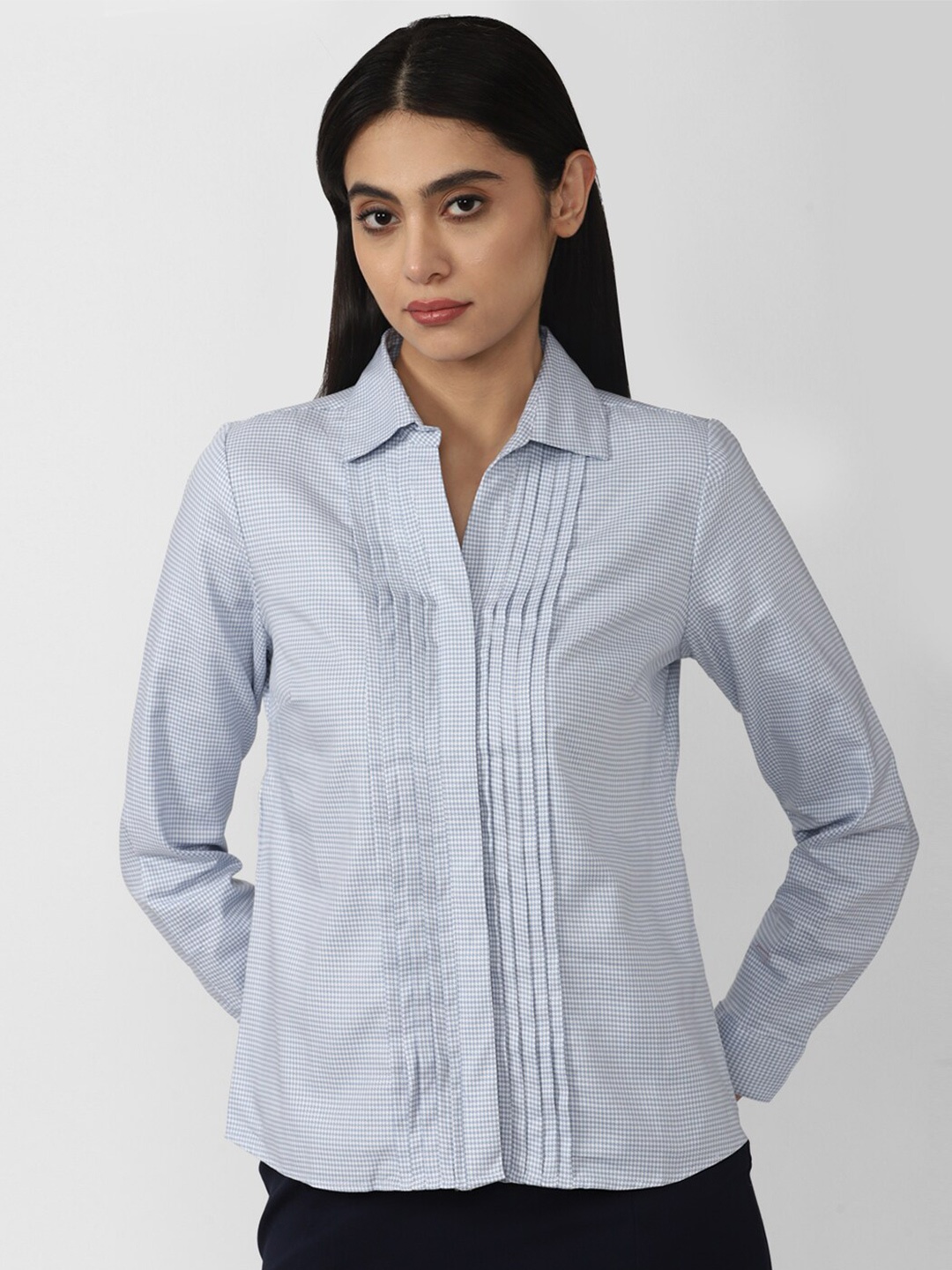 

Van Heusen Woman Women Blue Micro Checks Checked Cotton Formal Shirt