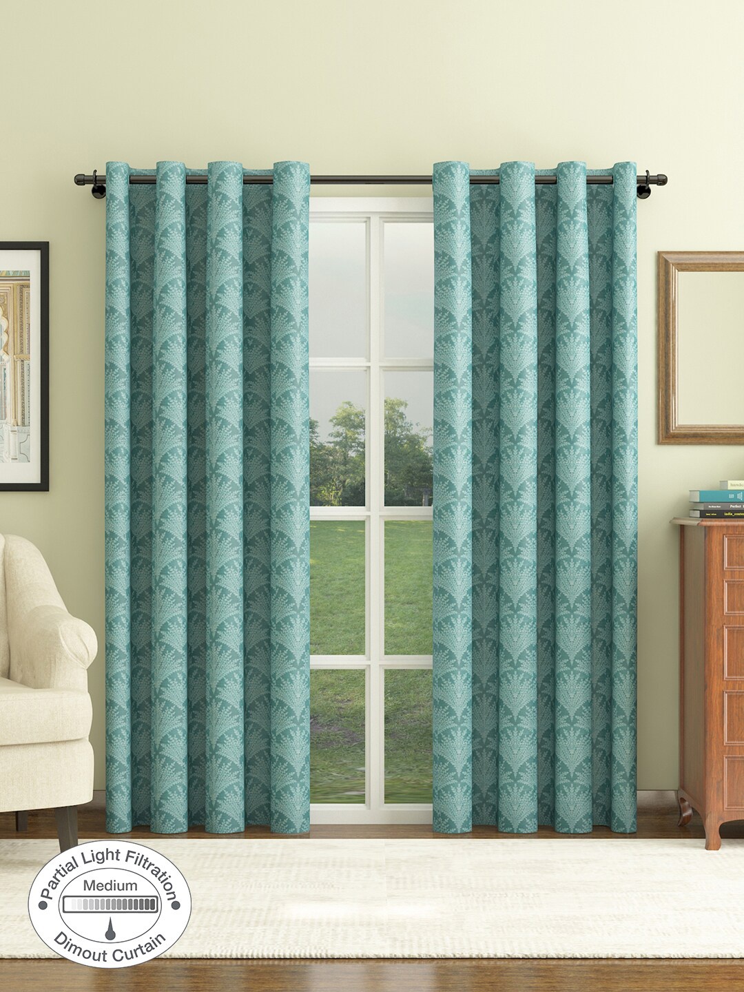 

HomeTown Set of 2 Floral Room Darkening Long Door Curtain, Green