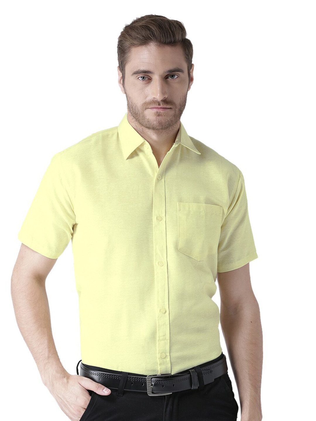 

RIAG Men Yellow Solid Half Sleeves Regular Fit Formal Shirt