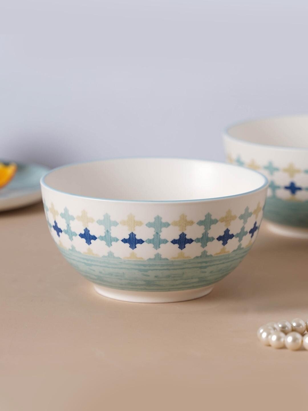 

Nestasia White & Blue Microwave safe Geometric Printed Ceramic Matte Bowls