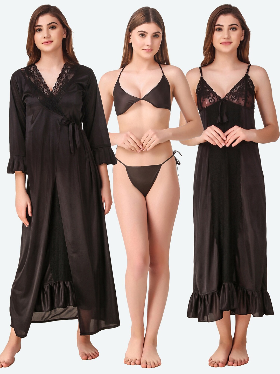 

Romaisa Black Maxi Satin Solid Nightwear Set
