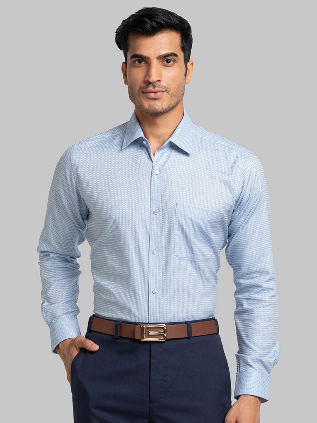 

Raymond Men Blue Micro Checks Printed Pure Cotton Formal Shirt