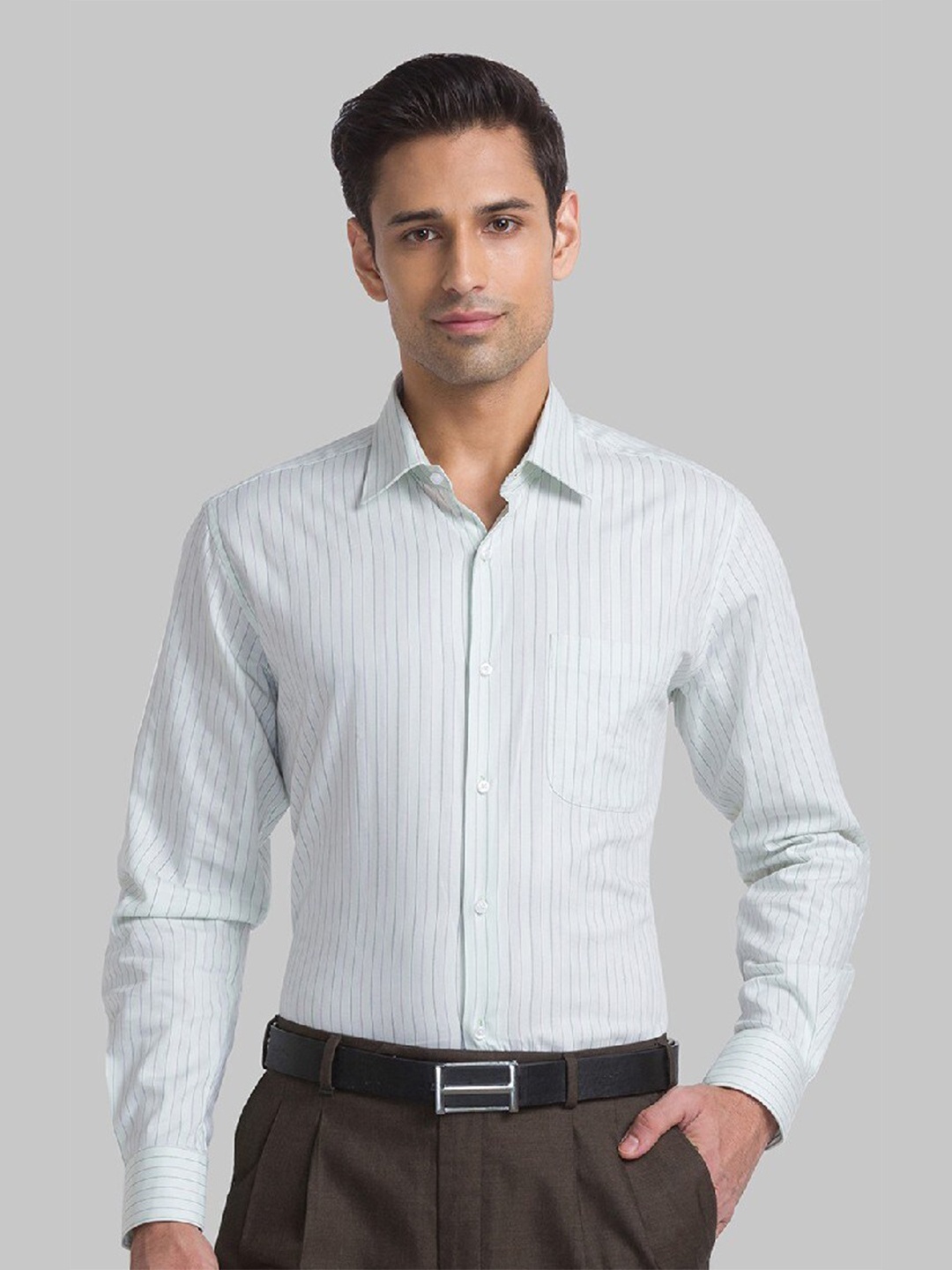

Raymond Men Green Contemporary Striped Pure Cotton Formal Shirt