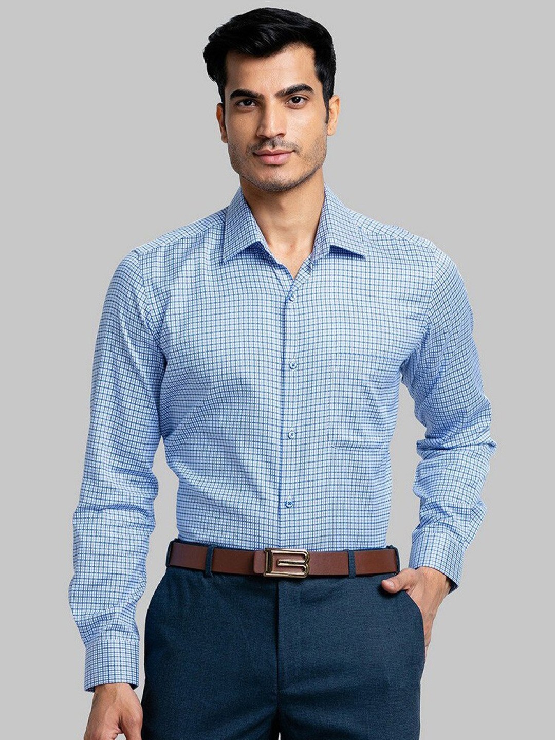 

Raymond Men Blue Checked Pure Cotton Formal Shirt