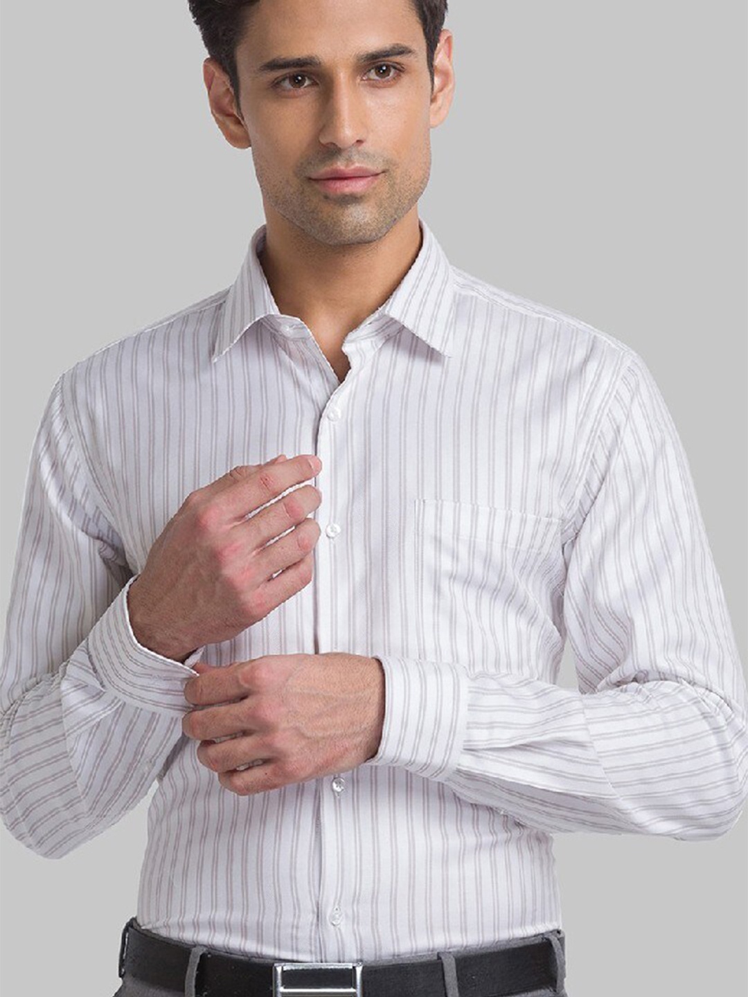 

Raymond Men White & Beige Striped Pure Cotton Fit Formal Shirts