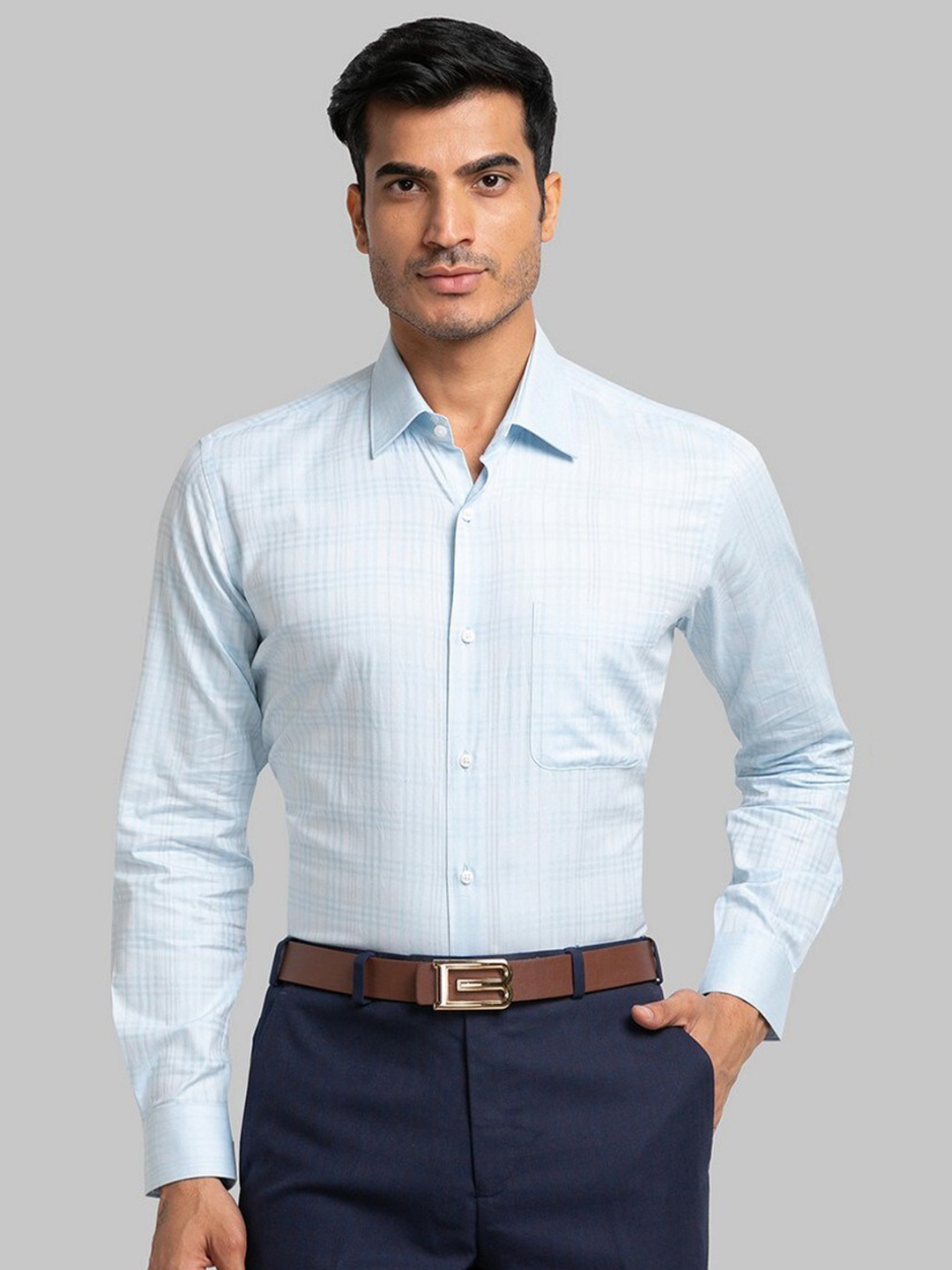 

Raymond Men Blue Grid Tattersall Checked Pure Cotton Casual Shirt