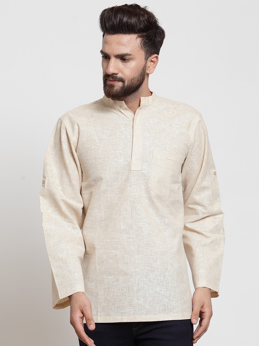 

NEUDIS Men Beige Solid Short Cotton Straight Kurta