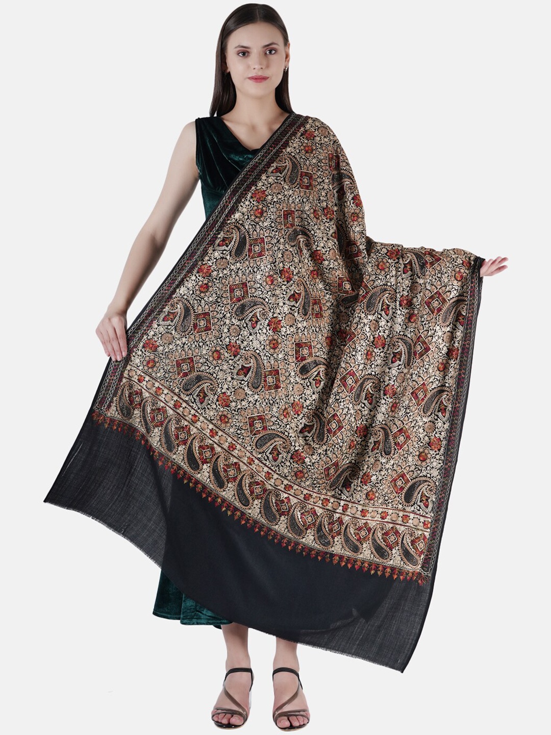 

MUFFLY Women Black Nalki Embroidery Pashmina Woolen Shawl