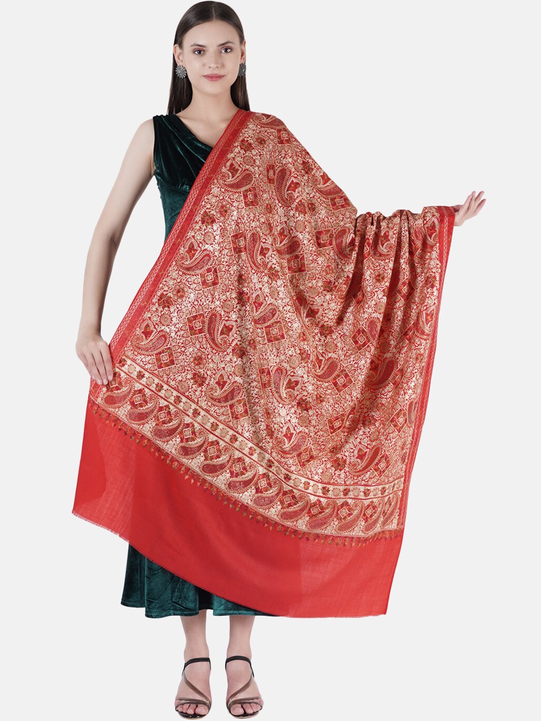 

MUFFLY Women Red & Gold-Coloured Embroidered Pure Wool Shawl