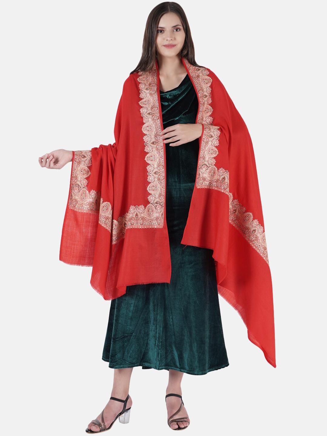 

MUFFLY Women Red Woven Embroidered Pure Wool Knitted Shawl