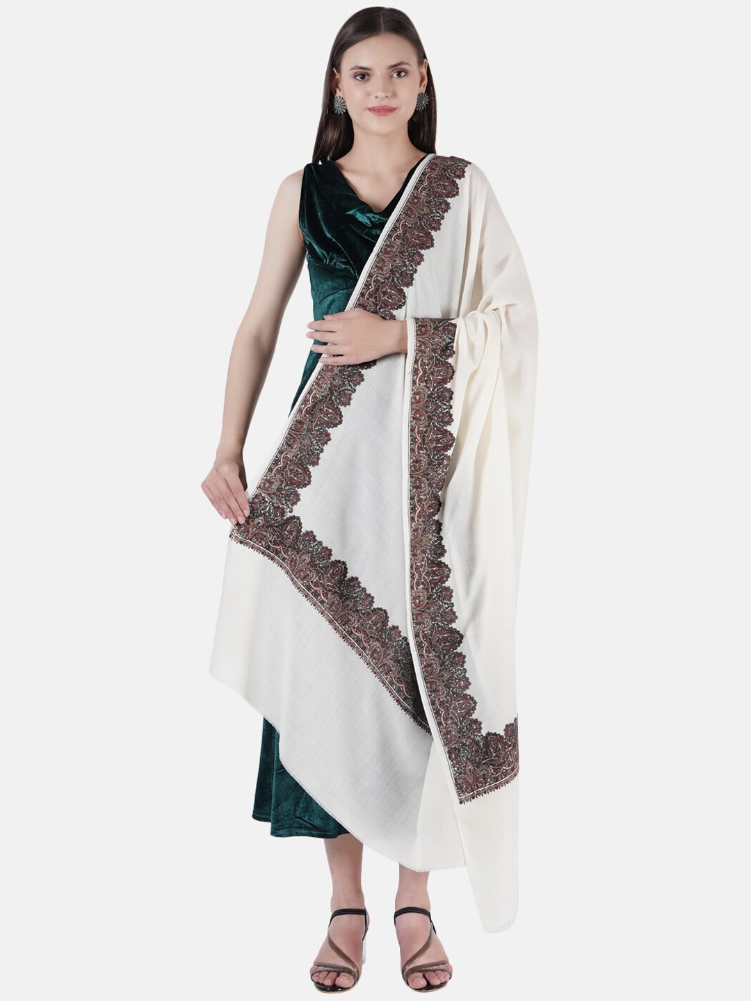 

MUFFLY Women White Nalki Embroidery Pashmina Woolen Shawl