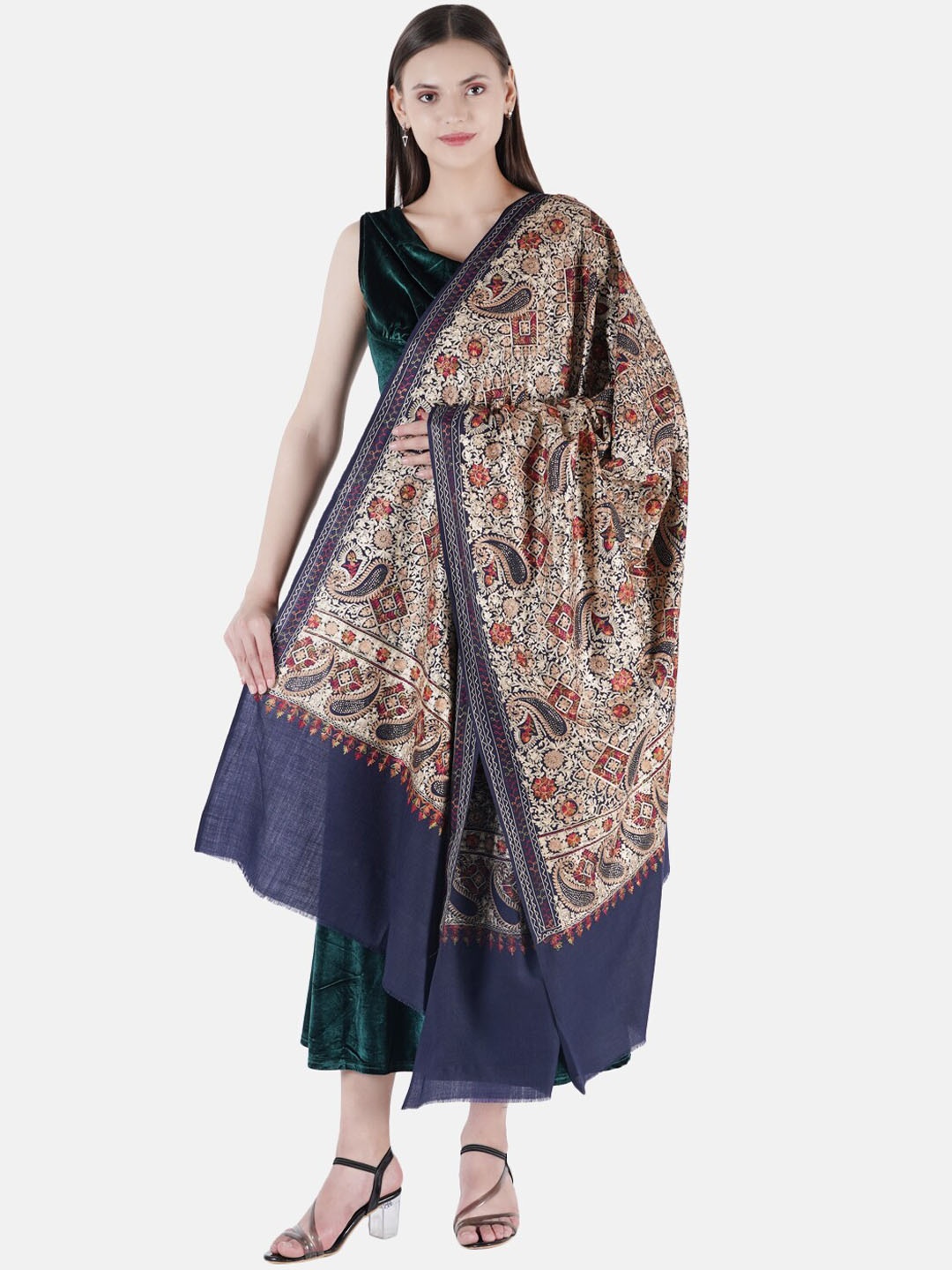 

MUFFLY Women Navy Blue & Gold-Coloured Embroidered Shawl